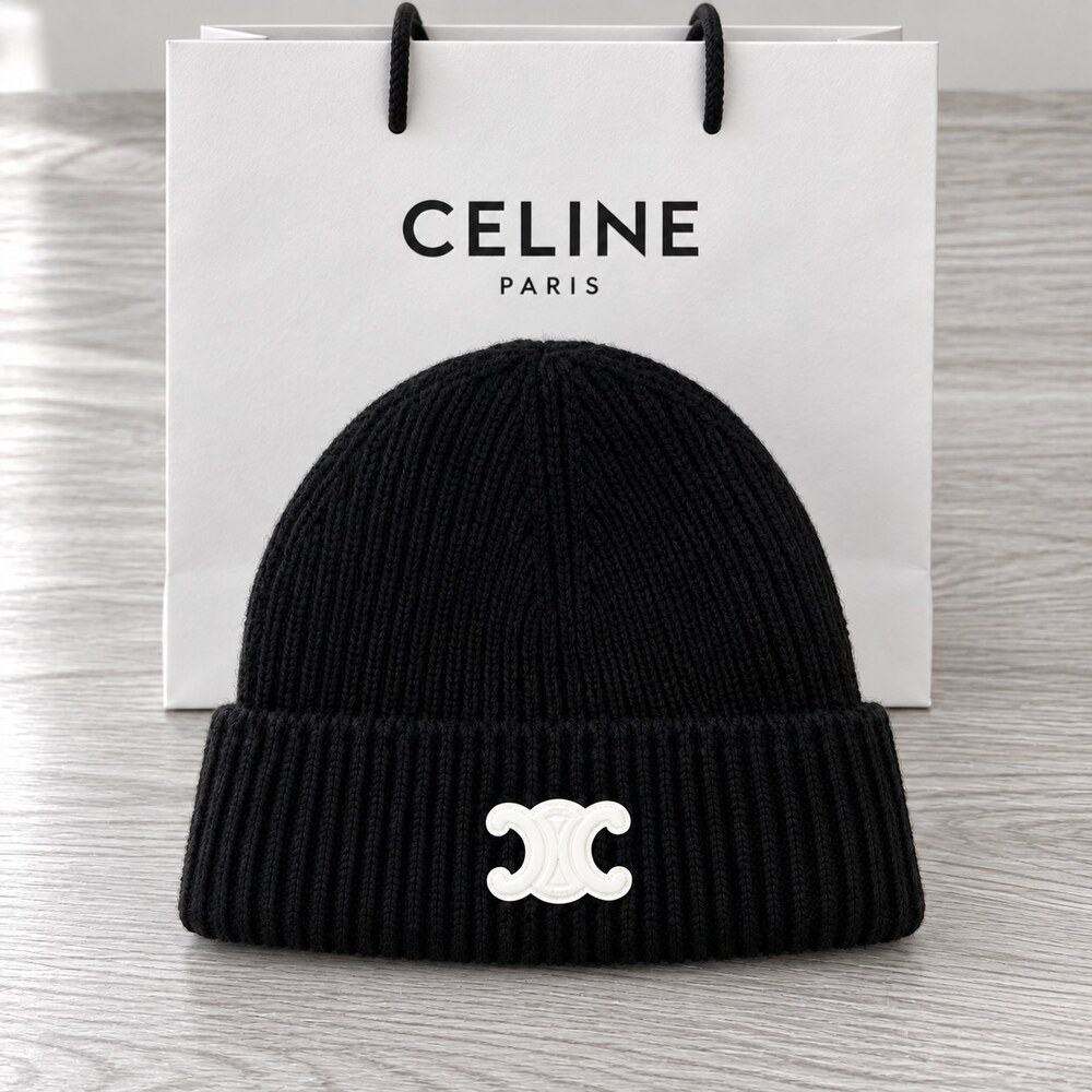 CELINE Triomphe Black Ribbed Knit Beanie